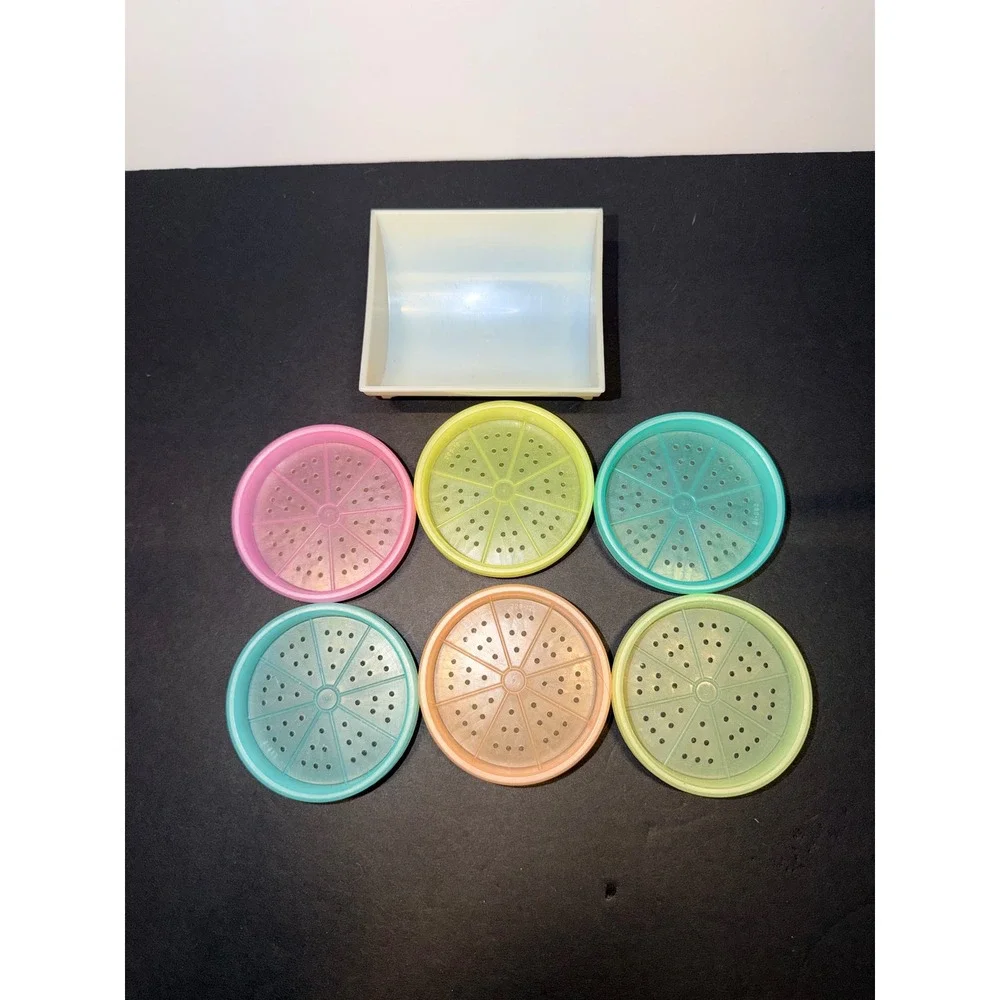 6 Vintage Tupperware Pastel Wagon Wheel Coaster Caddy Round Plastic USA Made